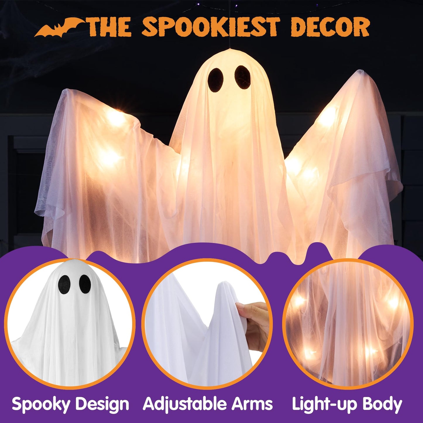 Ayieyill Halloween Ghost Decor with Blue LED Light, 47” Light up Hanging Ghost Halloween Yard Porch Decorations Outdoor