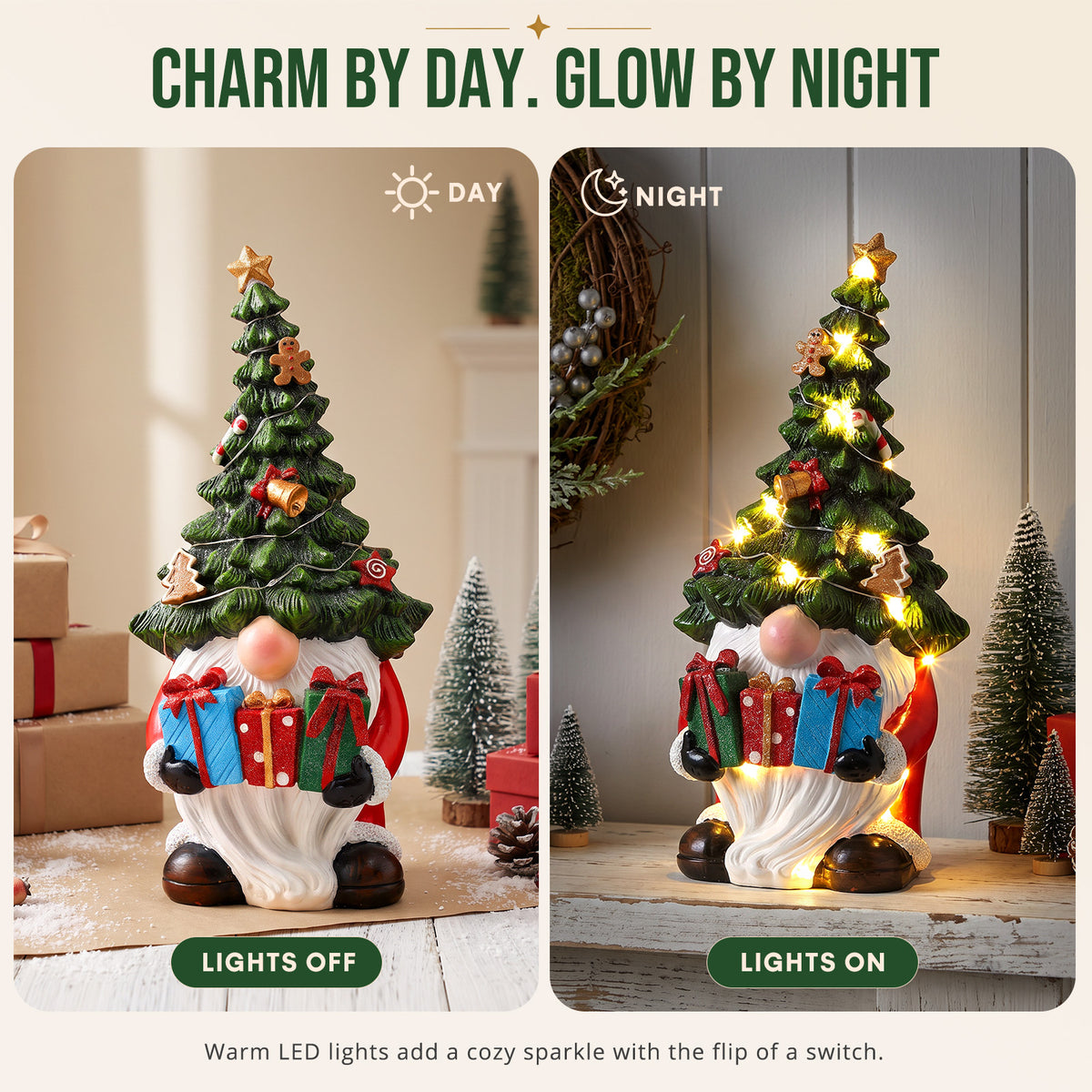 Ayieyill Christmas Gnome Decorations, 11-Inch Lighted Resin Gnome Christmas Tree Figurine with LED Lights for Indoor Christmas Decor on Bookshelves, Mantels and Tabletops