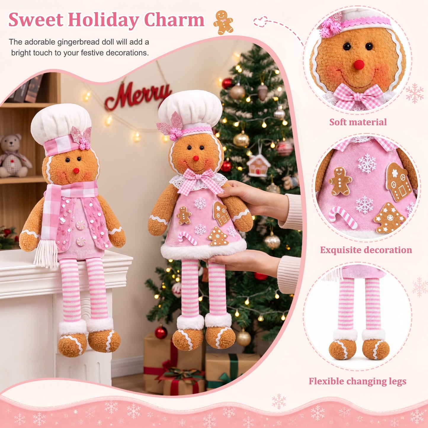 Ayieyill 2Pcs Christmas Gingerbread Man Plush Dolls, Pink Sitting Long Leg Gingerbread Plush, Cute Gingerbread Decor for Christmas Holiday Home Party