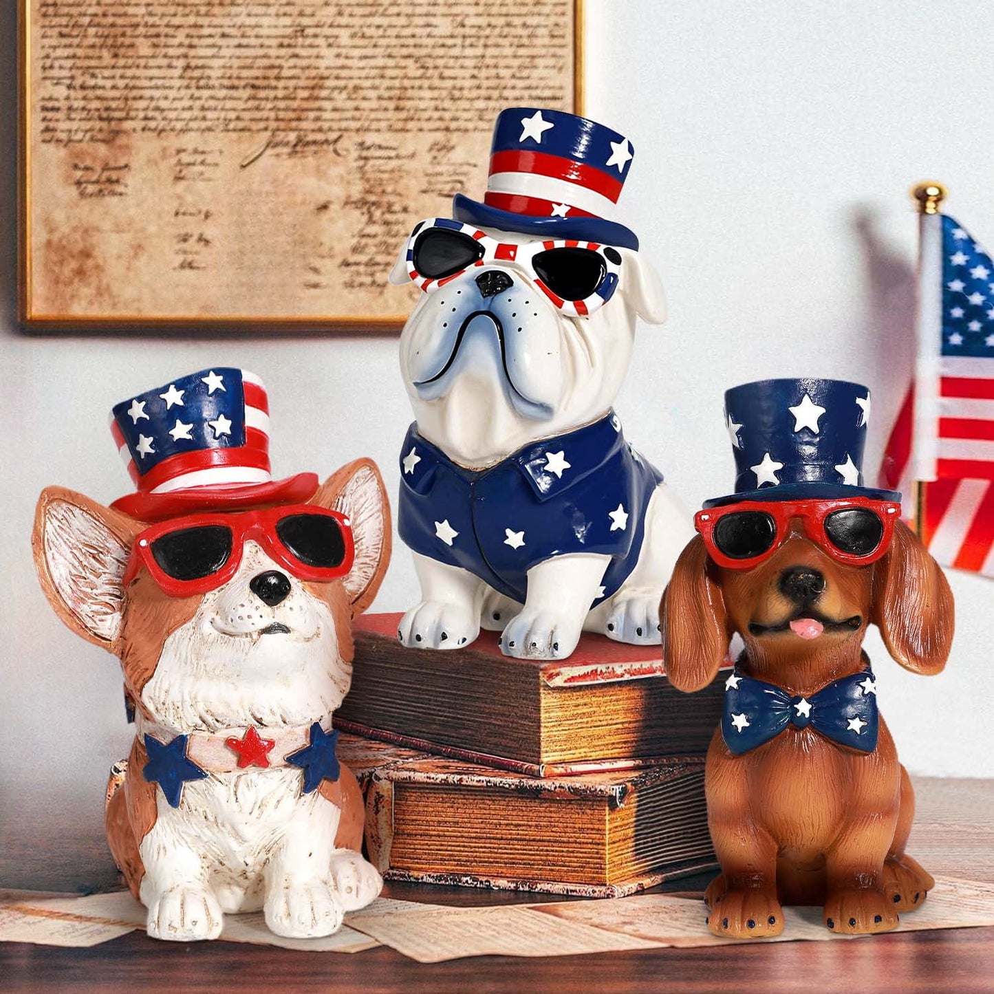 Ayieyill 3pcs 4th of July Patriotic Dog Figurines, Fourth of July Independence Day Decorations, Memorial Day Decor, White