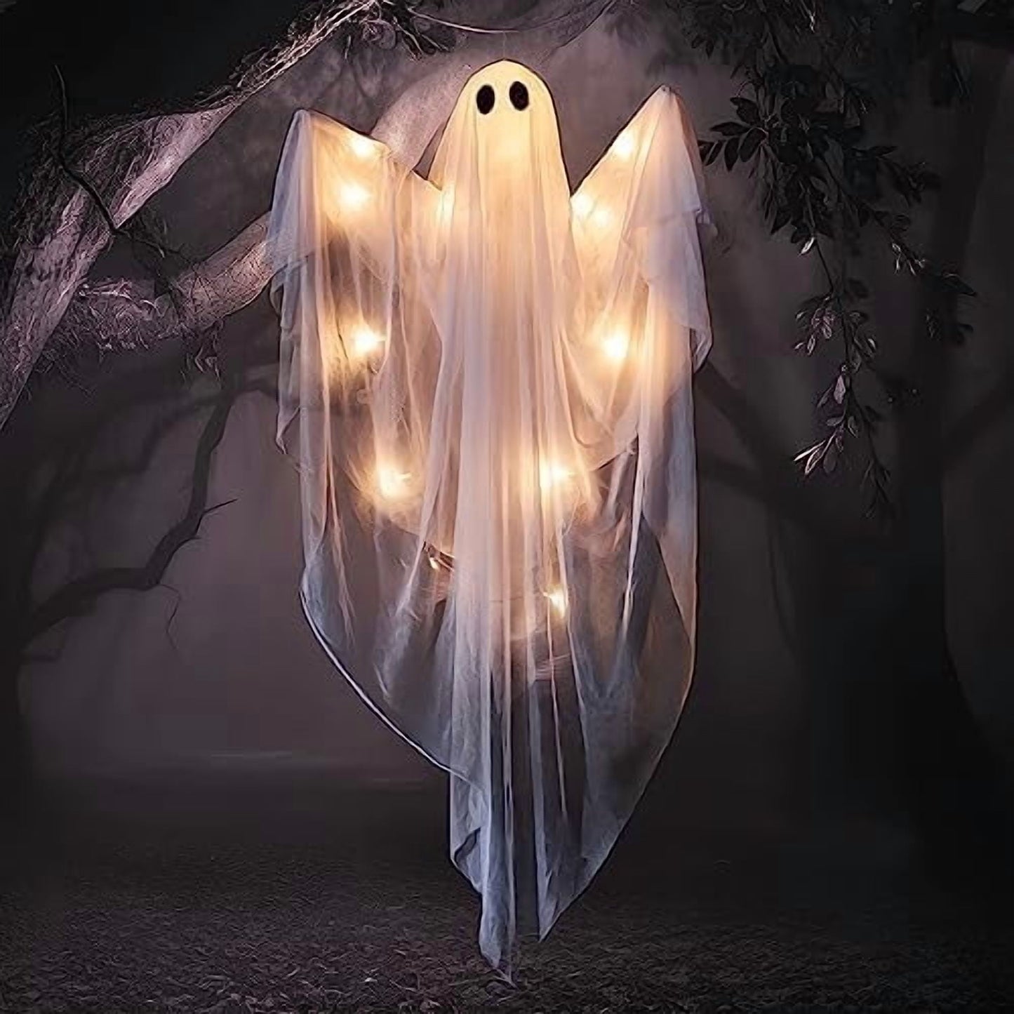 Ayieyill Halloween Ghost Decor with Blue LED Light, 47” Light up Hanging Ghost Halloween Yard Porch Decorations Outdoor