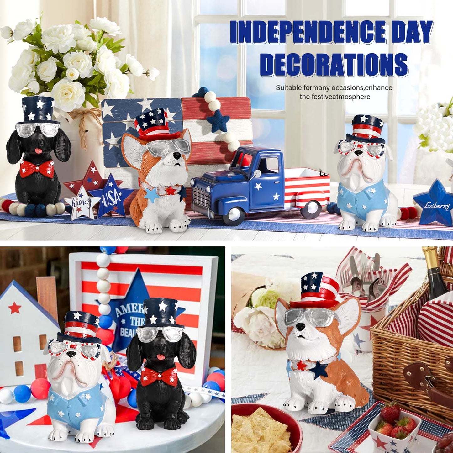Ayieyill 3pcs 4th of July Patriotic Dog Figurines, Fourth of July Independence Day Decorations, Memorial Day Decor, White