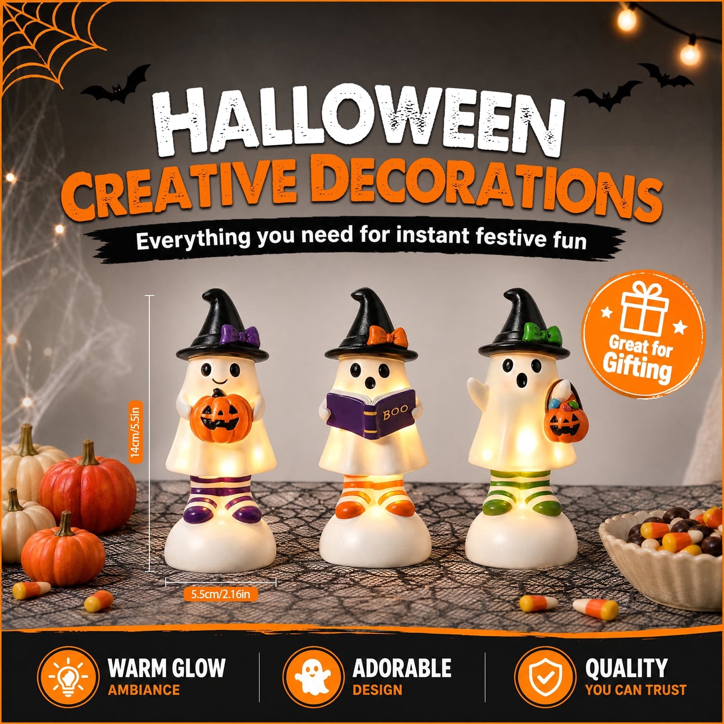 Ayieyill 3pcs Cute Spooky Ceramic Ghost for Halloween Decoration Indoor, Halloween Decorations,Ghost Figurines with Hats - Halloween Table Decorations