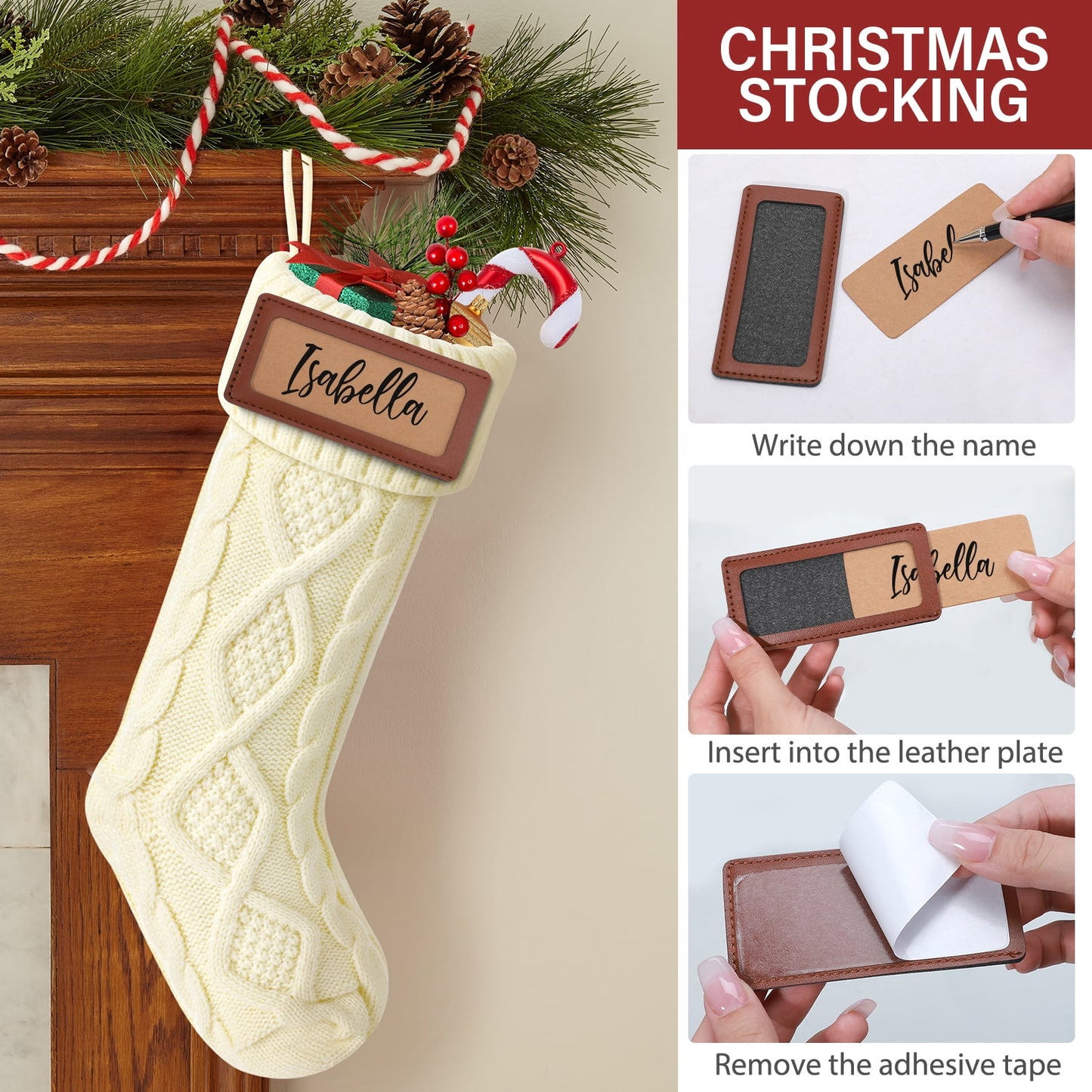 Ayieyill 6Pack Christmas Stockings, 18" Large Knitted Stocking Personalized Xmas Hanging Stocking Decorations with Name Leather Patches for Holiday Christmas Party Family Decor