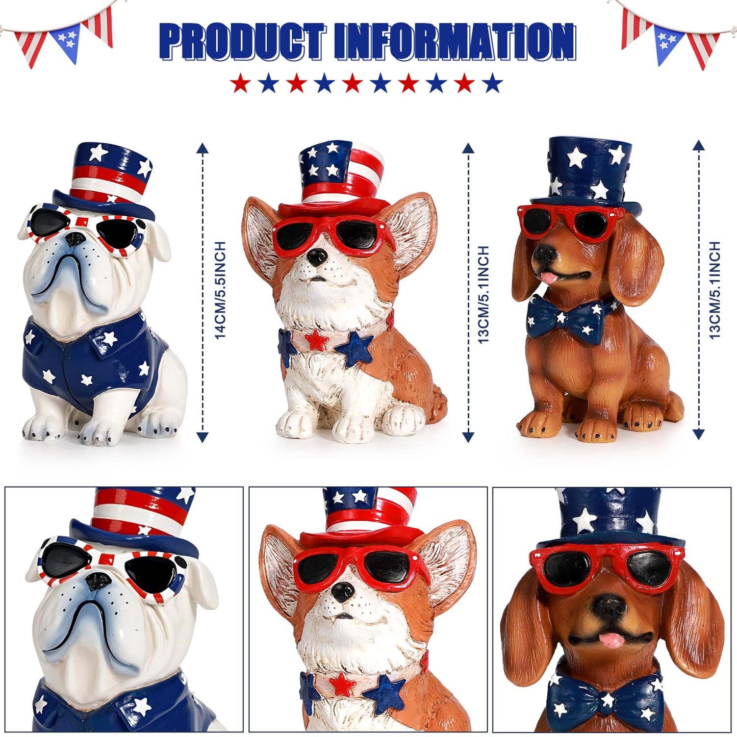Ayieyill 3pcs 4th of July Patriotic Dog Figurines, Fourth of July Independence Day Decorations, Memorial Day Decor, White